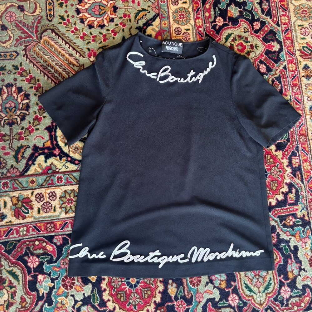 Moschino Black Embroidered Script Blouse – Size IT 44 (US 10)